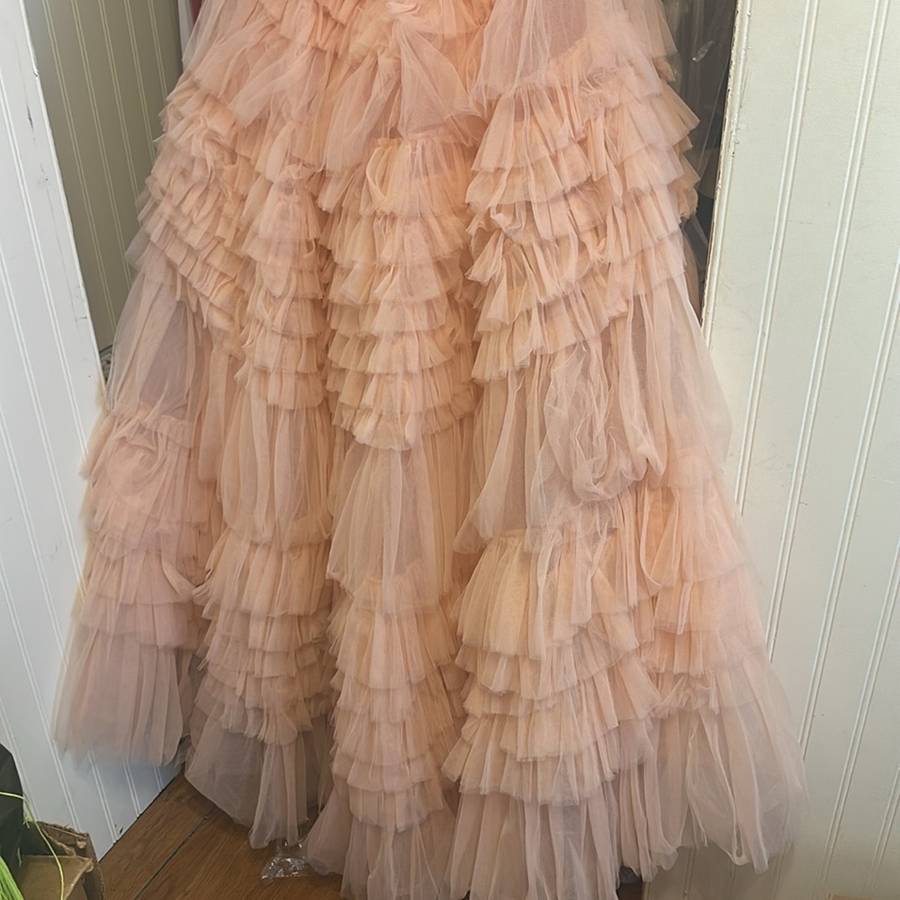 ✔️ Mac Duggal BNWT Pink Strapless Tulle Ruffle Gown #20573 - Picture 10 of 11